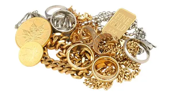 Altgold & Bruchgold Haufen aus diversen Goldmünzen, Goldketten und Bruchgold