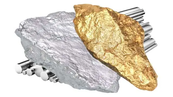 B2B Edelmetallankauf Rohes Silber und ein geschmolzener Goldnugget auf Industrierohren